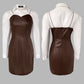 2 Pieces Outfit Turn down Collar Long Sleeve Blouses and Casual Spaghetti Straps PU Leather Skirt