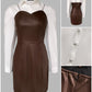 2 Pieces Outfit Turn down Collar Long Sleeve Blouses and Casual Spaghetti Straps PU Leather Skirt