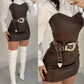 2 Pieces Outfit Turn down Collar Long Sleeve Blouses and Casual Spaghetti Straps PU Leather Skirt