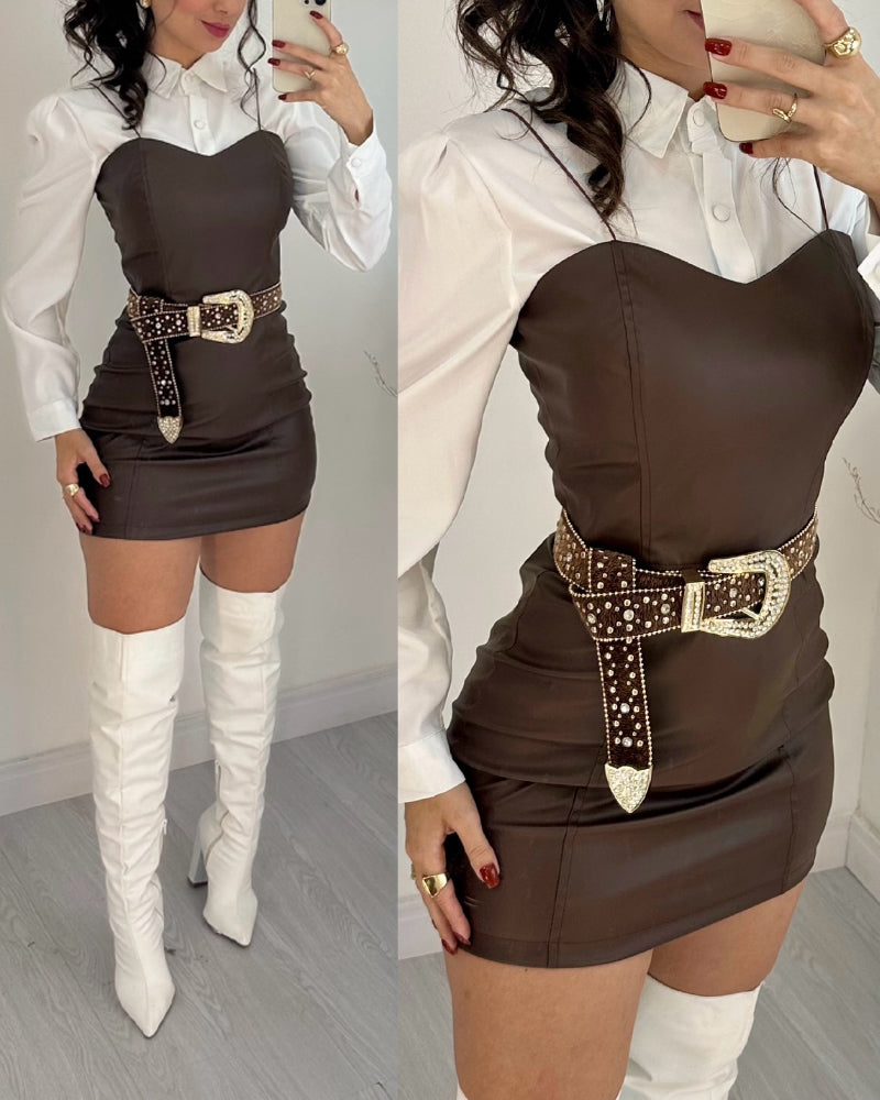 2 Pieces Outfit Turn down Collar Long Sleeve Blouses and Casual Spaghetti Straps PU Leather Skirt