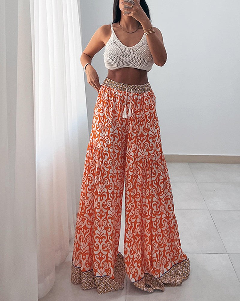 Tribal Print High Waist Lace Up Flared Pants Casual Wide Leg Pants