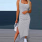 Striped U Neck Side Slit Casual Dress
