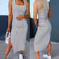Striped U Neck Side Slit Casual Dress
