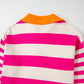 Rose Stripe Color Block Collared V Neck Drop Shoulder Sweater