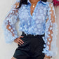 Floral Pattern Sheer Mesh Lantern Sleeve Top