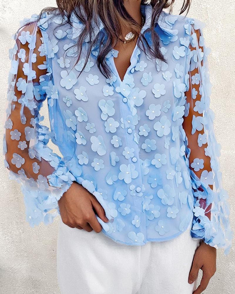 Floral Pattern Sheer Mesh Lantern Sleeve Top