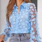 Floral Pattern Sheer Mesh Lantern Sleeve Top