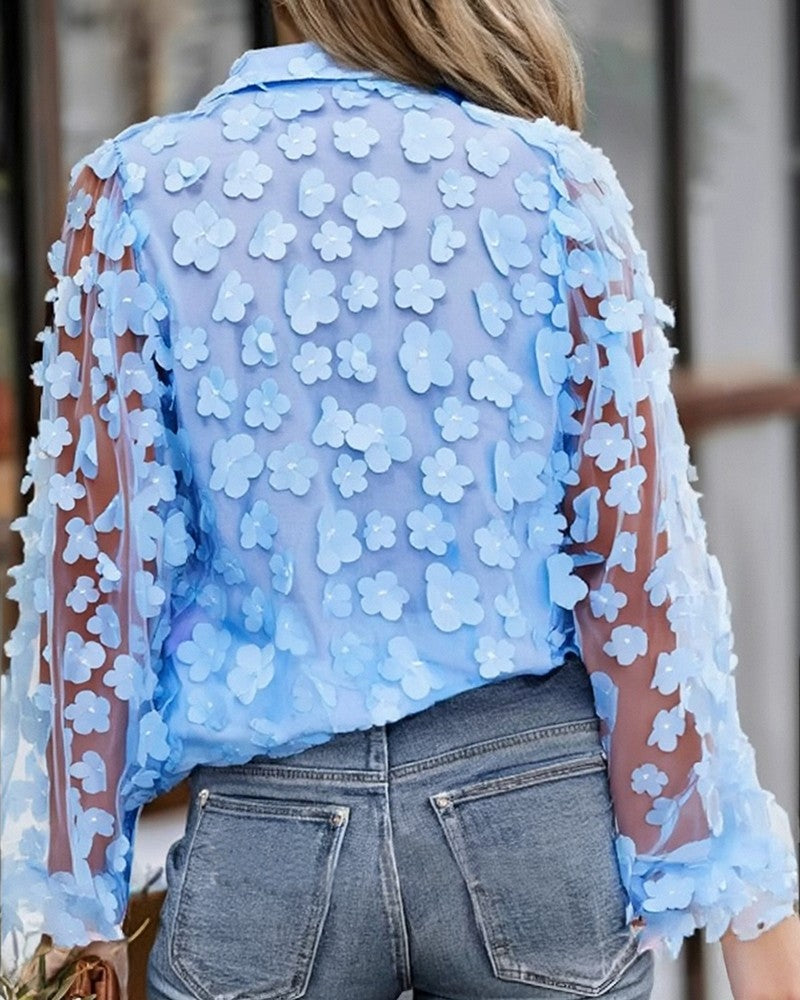 Floral Pattern Sheer Mesh Lantern Sleeve Top