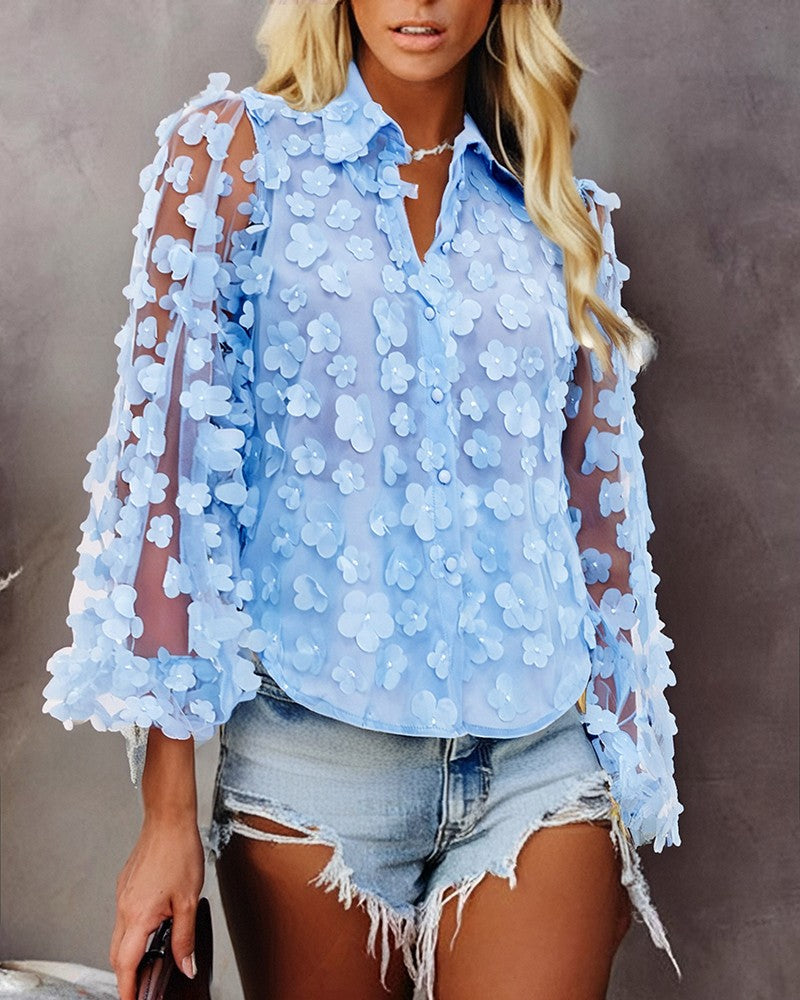 Floral Pattern Sheer Mesh Lantern Sleeve Top