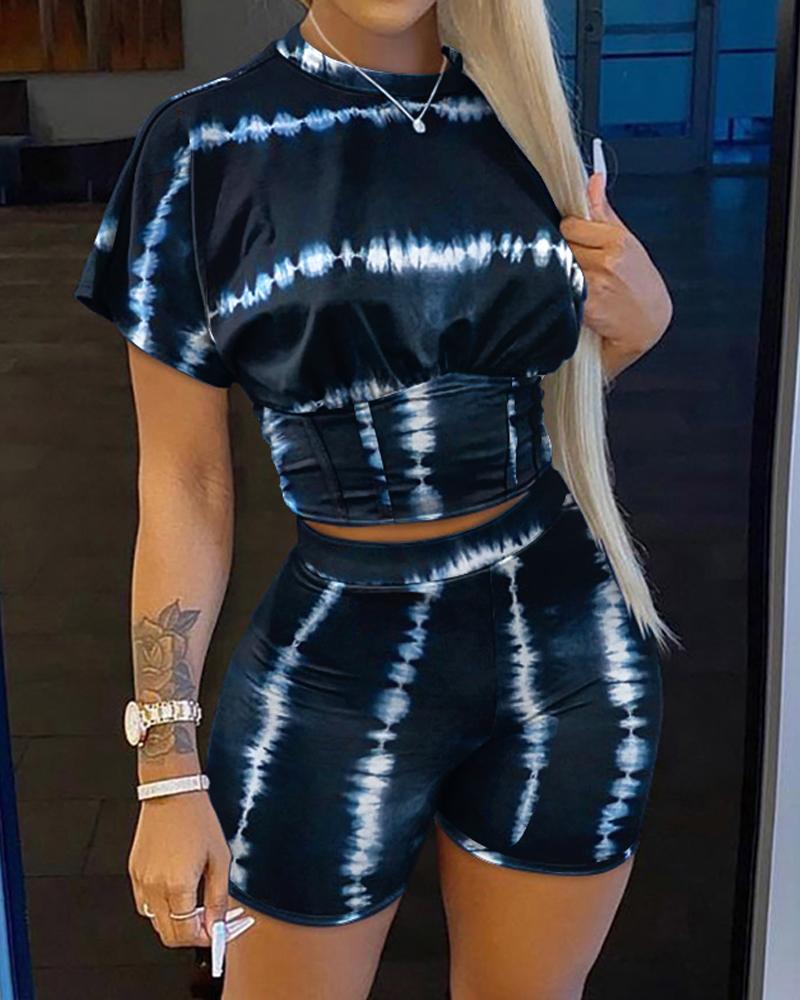 Tie Dye Print Corset Design Crop Top & Shorts Set