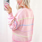 Pink Rainbow Stripes Drop Shoulder Baggy Henley Sweater
