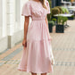 Pink Puff Sleeve Pleated High Waist Flowy Long Dress