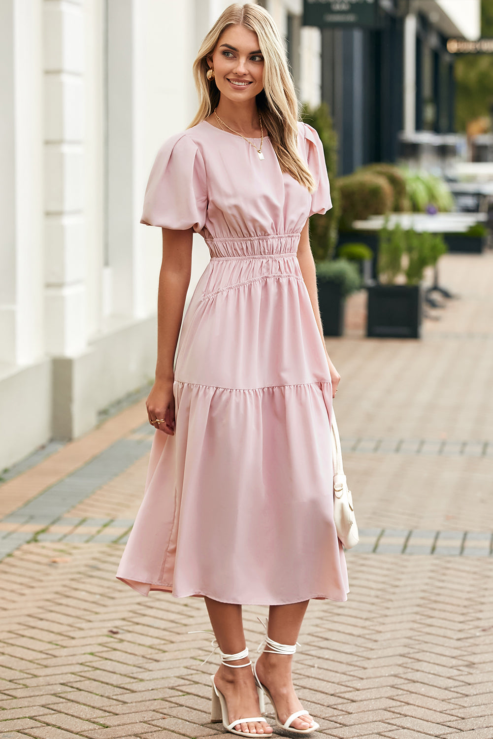 Pink Puff Sleeve Pleated High Waist Flowy Long Dress