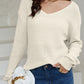 Beige Ribbed Knit V Neck Sweater