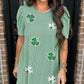 Mint Green Sequin Clover Graphic Puff Sleeve Corded T Shirt Dress