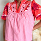 Pink Floral Embroidered Notch V Neck Puff Sleeve Babydoll Blouse