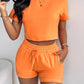 O neck Top & Pocket Design Drawstring Shorts Set