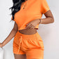 O neck Top & Pocket Design Drawstring Shorts Set