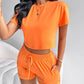 O neck Top & Pocket Design Drawstring Shorts Set
