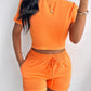 O neck Top & Pocket Design Drawstring Shorts Set