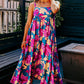 Dark Blue Floral High Waist Sleeveless Flared Long Dress