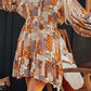 Orange Boho Floral Puff Sleeve Smocked Waist Mini Shirt Dress