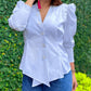 V Neck Front Button Long Sleeve Gigot Sleeve Blouse Elegant Top