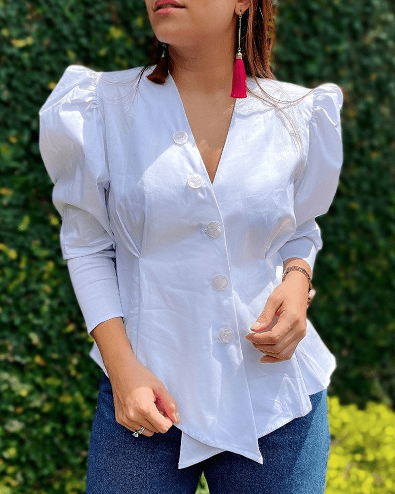 V Neck Front Button Long Sleeve Gigot Sleeve Blouse Elegant Top