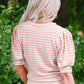 Pink Stripe Textured Puff Sleeve Crewneck Top