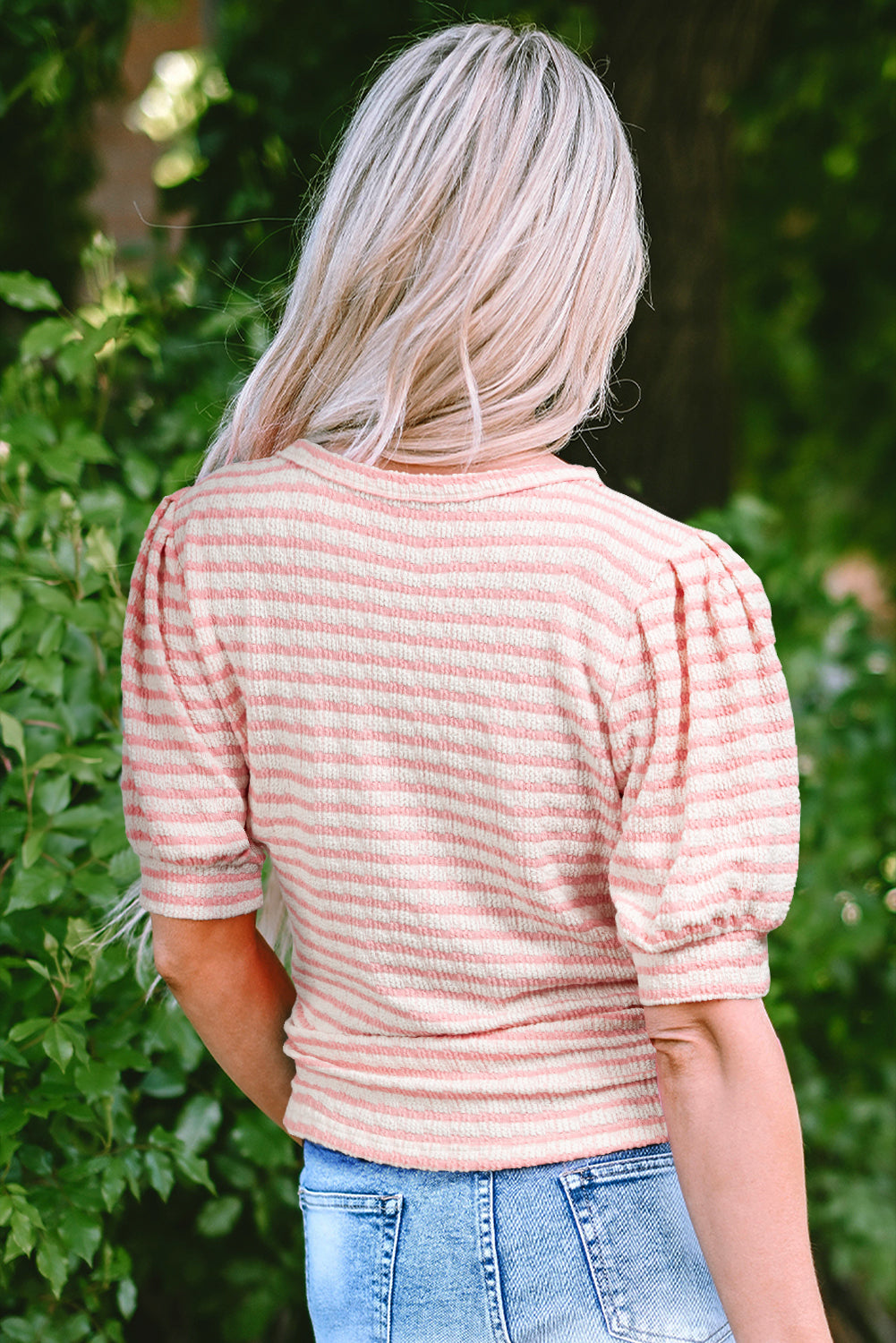Pink Stripe Textured Puff Sleeve Crewneck Top