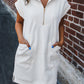 White Textured Half Zip Collared Cap Sleeve Mini Dress
