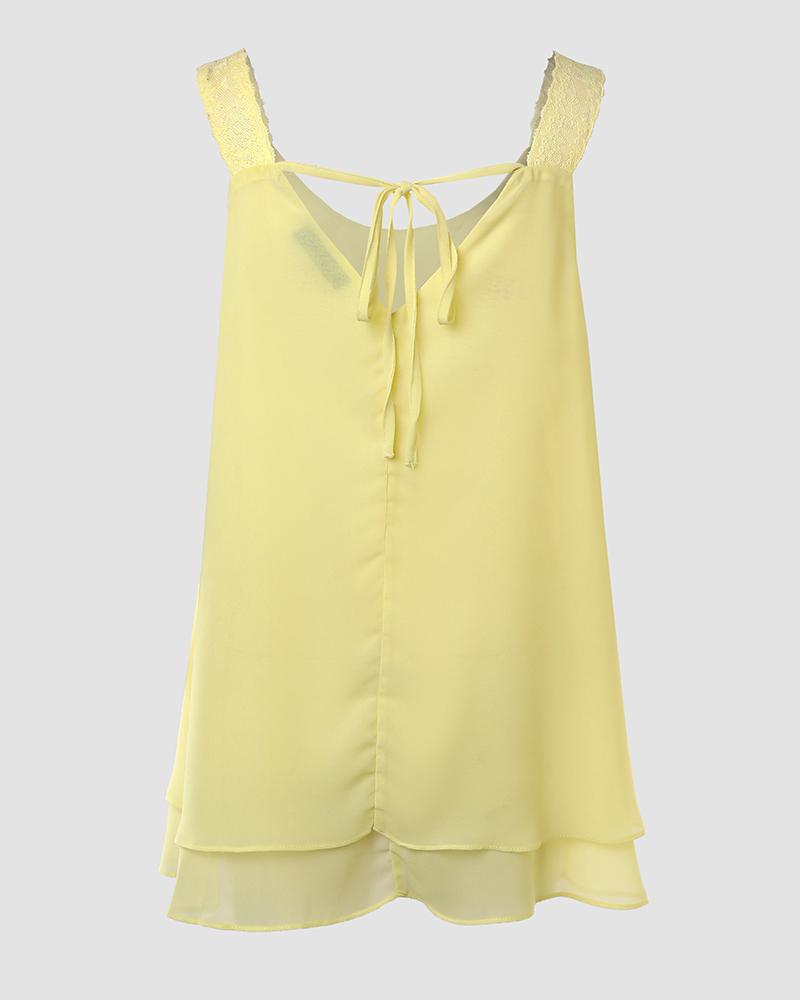 Love Heart Pattern Contrast Lace Layered Chiffon Tank Top