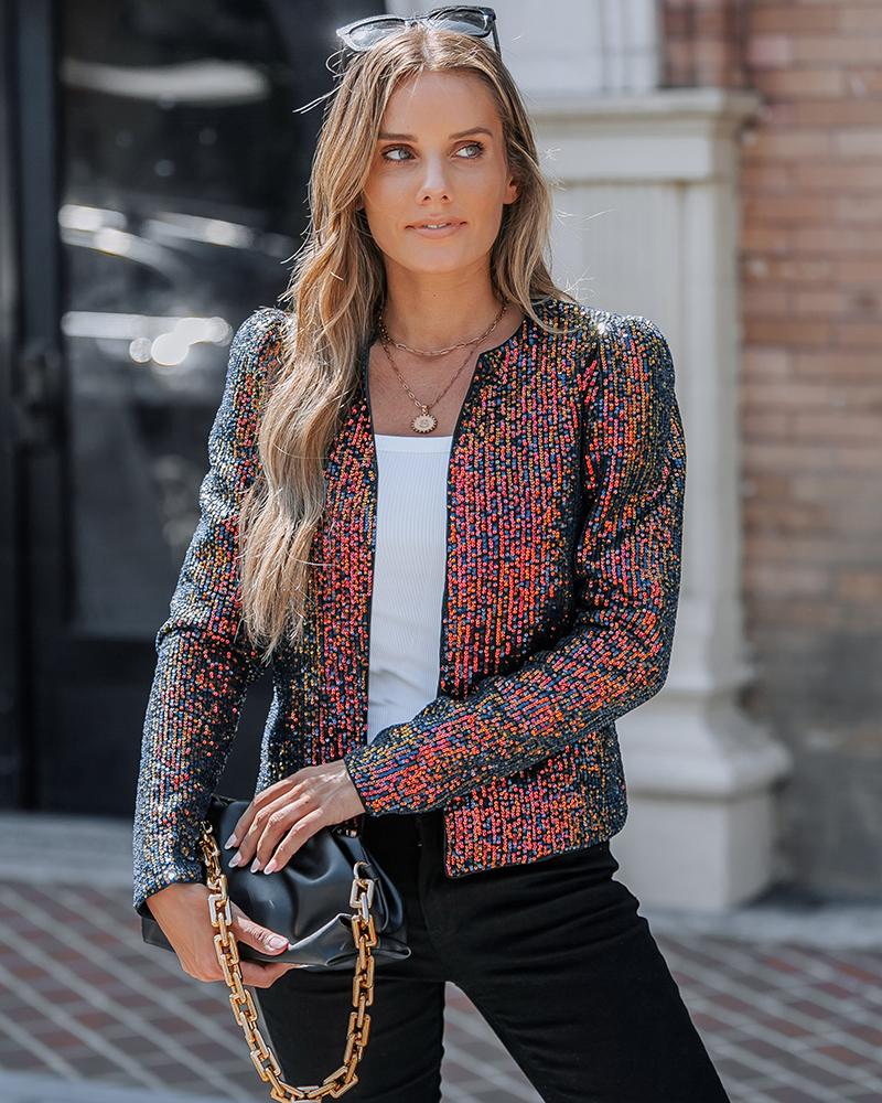 Sparkly Sequin Open Front Puff Sleeve Blazer Coat