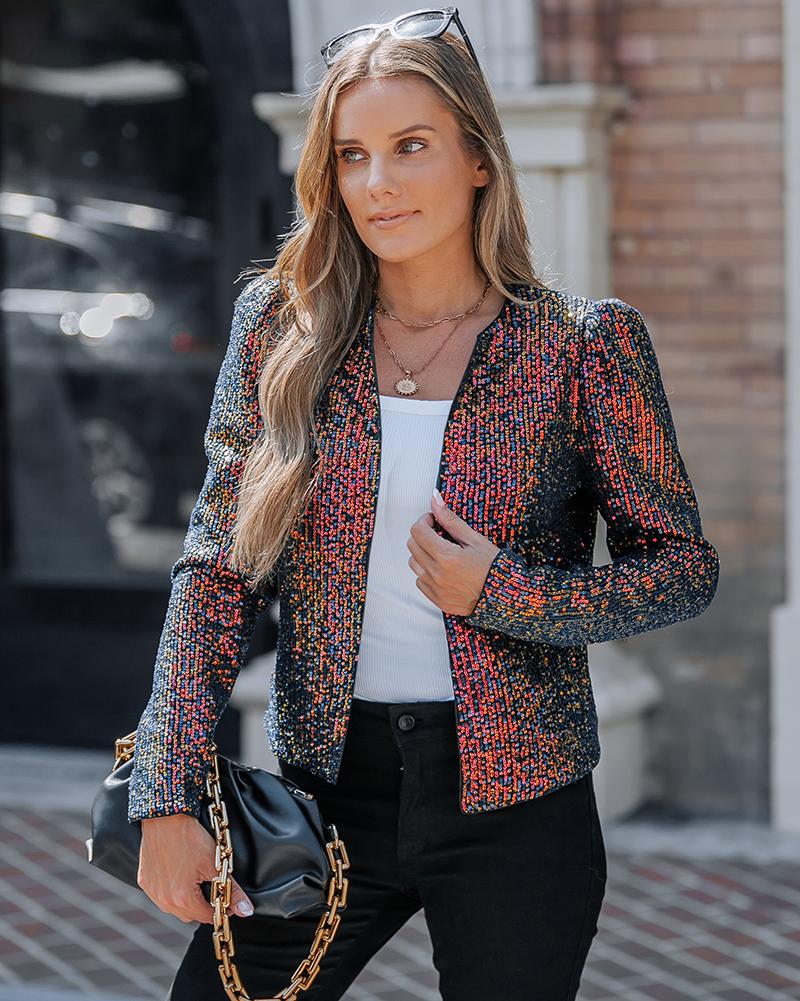 Sparkly Sequin Open Front Puff Sleeve Blazer Coat