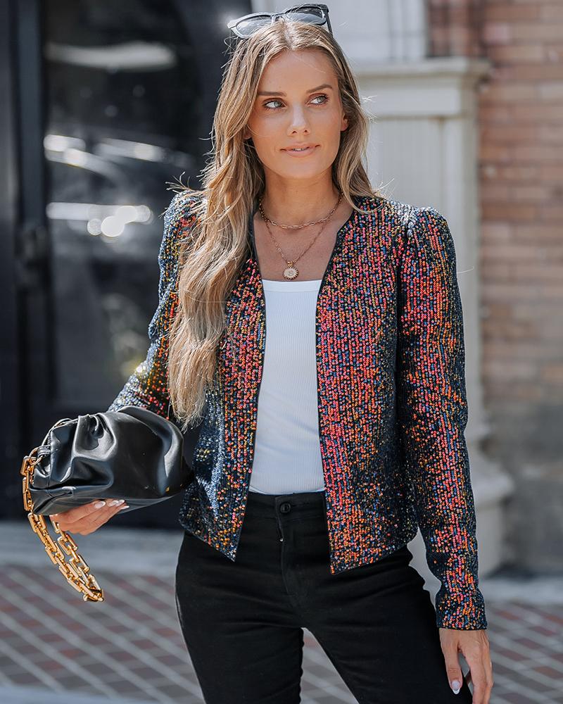 Sparkly Sequin Open Front Puff Sleeve Blazer Coat
