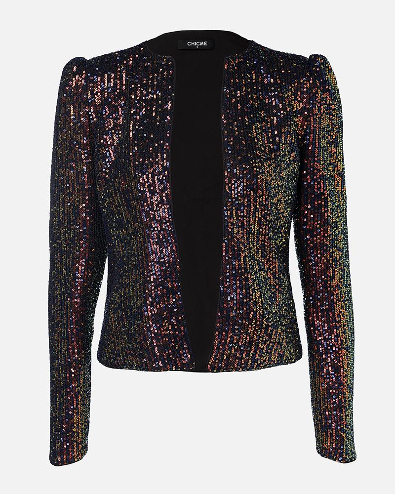 Sparkly Sequin Open Front Puff Sleeve Blazer Coat