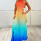 Ombre Halter Pleated Maxi Dress Casual Back Lace Up Summer Vacation Dress