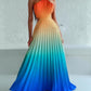 Ombre Halter Pleated Maxi Dress Casual Back Lace Up Summer Vacation Dress