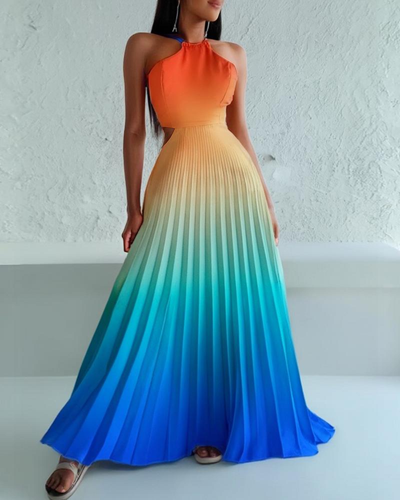 Ombre Halter Pleated Maxi Dress Casual Back Lace Up Summer Vacation Dress
