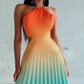 Ombre Halter Pleated Maxi Dress Casual Back Lace Up Summer Vacation Dress