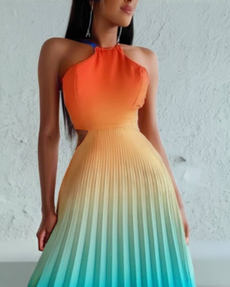 Ombre Halter Pleated Maxi Dress Casual Back Lace Up Summer Vacation Dress