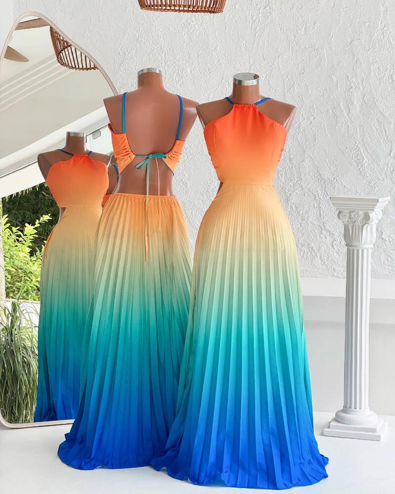 Ombre Halter Pleated Maxi Dress Casual Back Lace Up Summer Vacation Dress