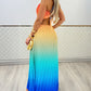 Ombre Halter Pleated Maxi Dress Casual Back Lace Up Summer Vacation Dress