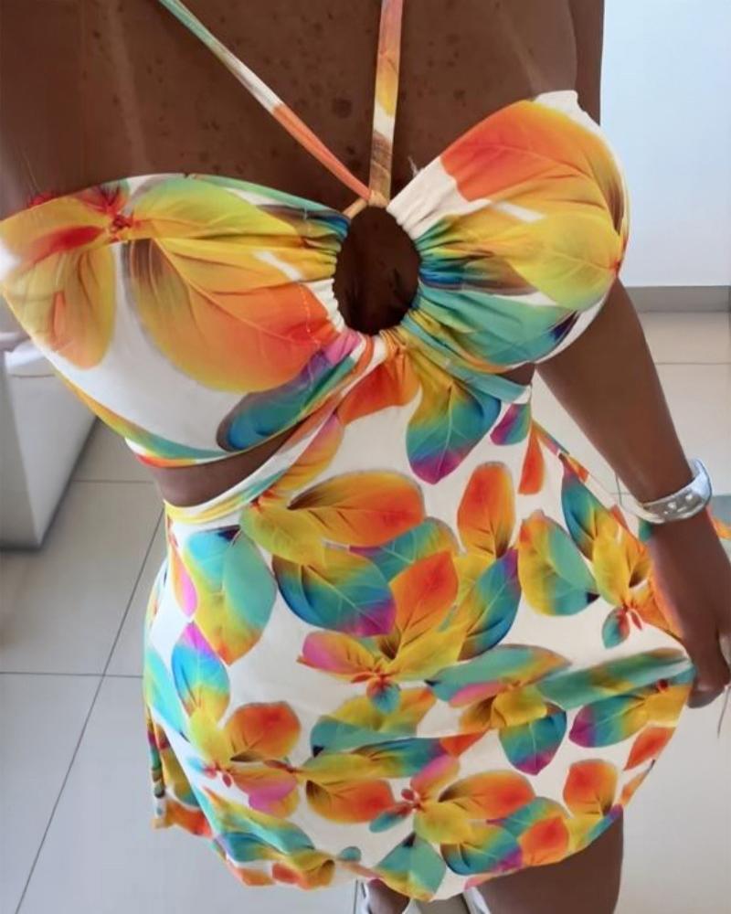 Floral Print Halter Sleeveless A Line Mini Dress Sexy Waist Hollow Out Vacation Dress