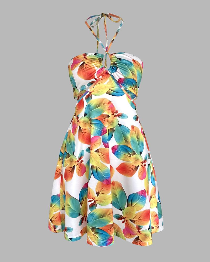 Floral Print Halter Sleeveless A Line Mini Dress Sexy Waist Hollow Out Vacation Dress