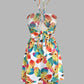 Floral Print Halter Sleeveless A Line Mini Dress Sexy Waist Hollow Out Vacation Dress