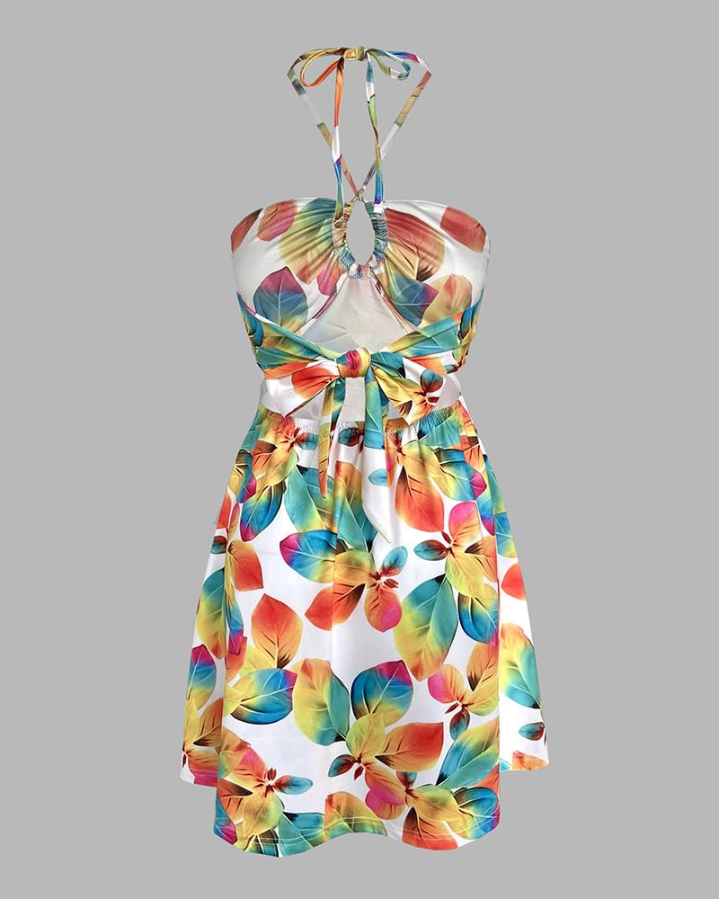 Floral Print Halter Sleeveless A Line Mini Dress Sexy Waist Hollow Out Vacation Dress