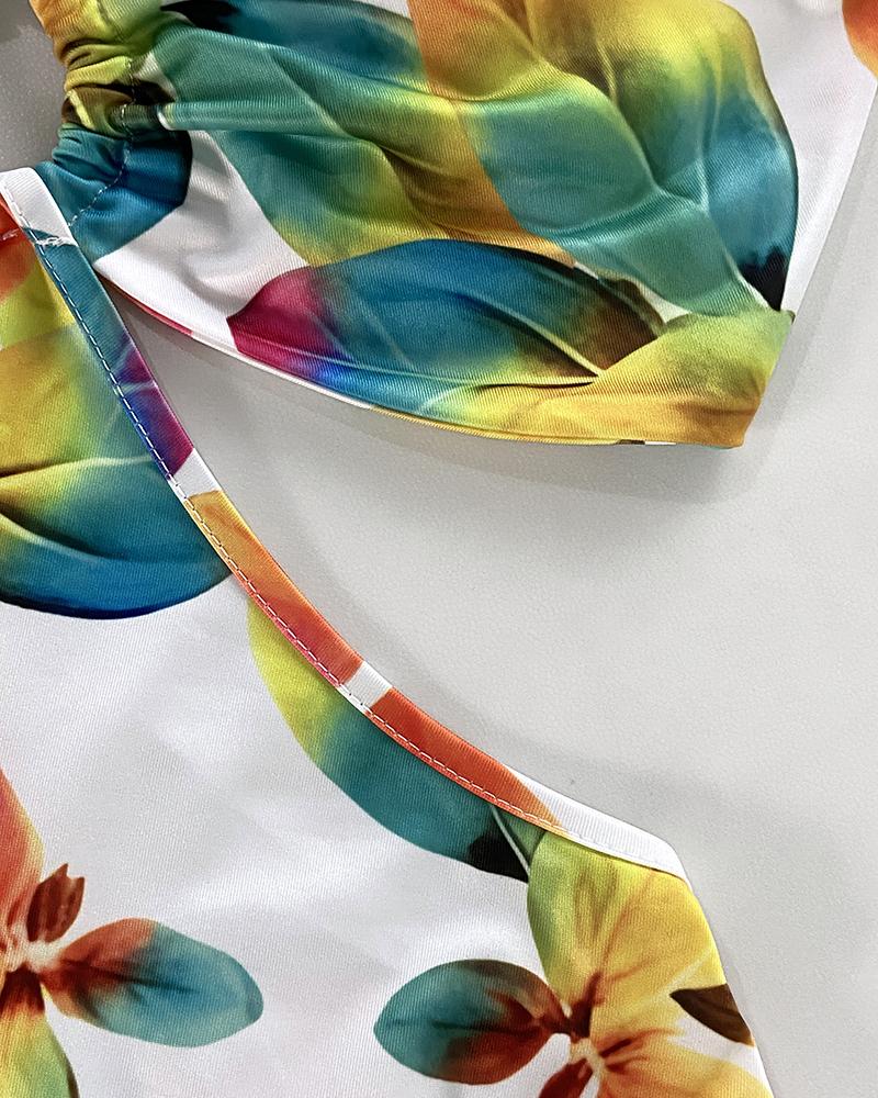 Floral Print Halter Sleeveless A Line Mini Dress Sexy Waist Hollow Out Vacation Dress