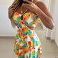 Floral Print Halter Sleeveless A Line Mini Dress Sexy Waist Hollow Out Vacation Dress