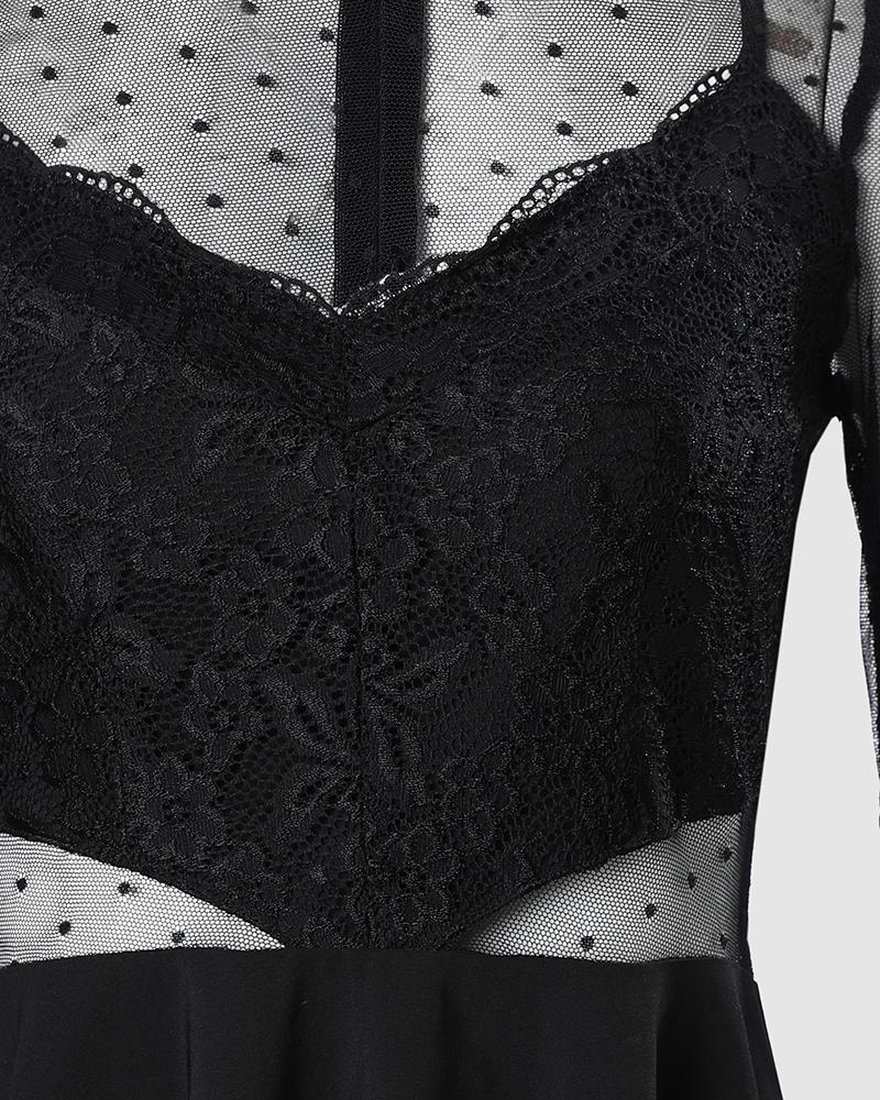 Dot Mesh Ruffles Long Sleeve Dress